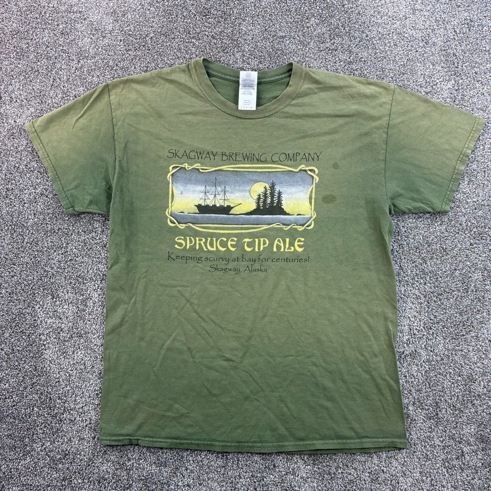 Vintage Y2k Skagway Brewing Company Shirt Mens Large Green Cotton Spruce Tip Ale